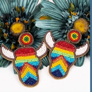 Boho South Western rainbow Cowgirl Pride seed bead Statement Kitsch earrings nwt